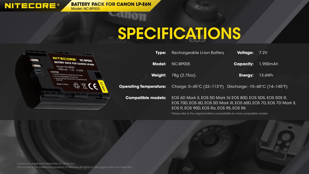 ΜΠΑΤΑΡΙΑ NITECORE for Canon LP-E6N, 7.2V, 1900mAh, 13.6Wh – πρόσθετη εικόνα 5