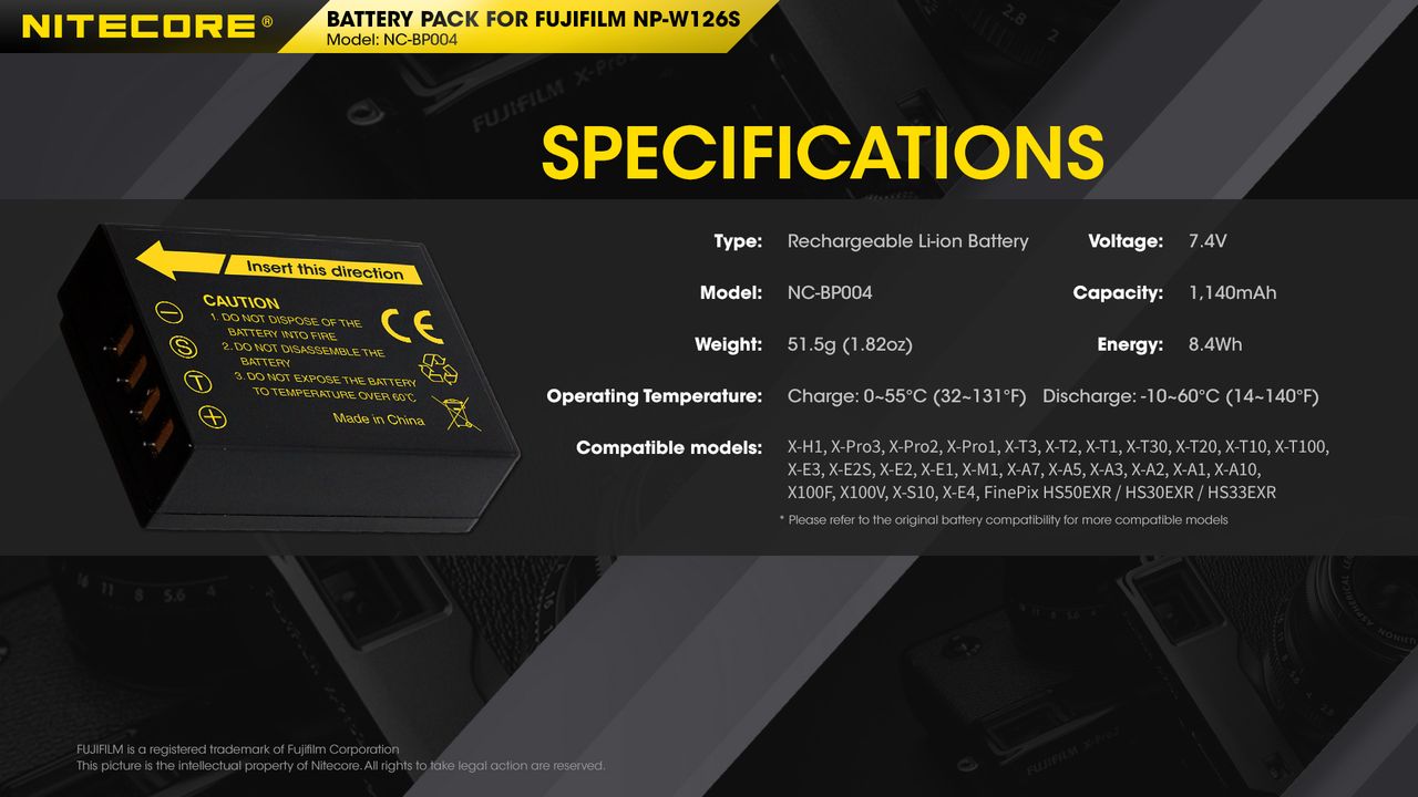ΜΠΑΤΑΡΙΑ NITECORE for Fujifilm NP-W126S, 7.2V, 1140mAh, 8.4Wh – πρόσθετη εικόνα 5