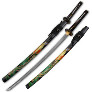 Katana από Δαμασκινό Ατσάλι,Μαύρη ξύλινη θήκη με Δρακο - Αγγλικό