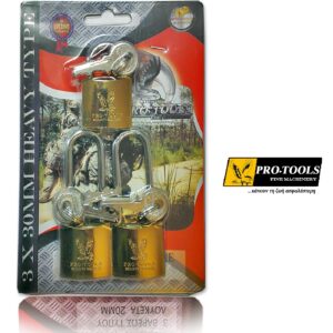 Pro-Tools Λουκετα 2 μακρυ+1 Κοντο 30mm-ανοιγουν με ιδιο κλειδι